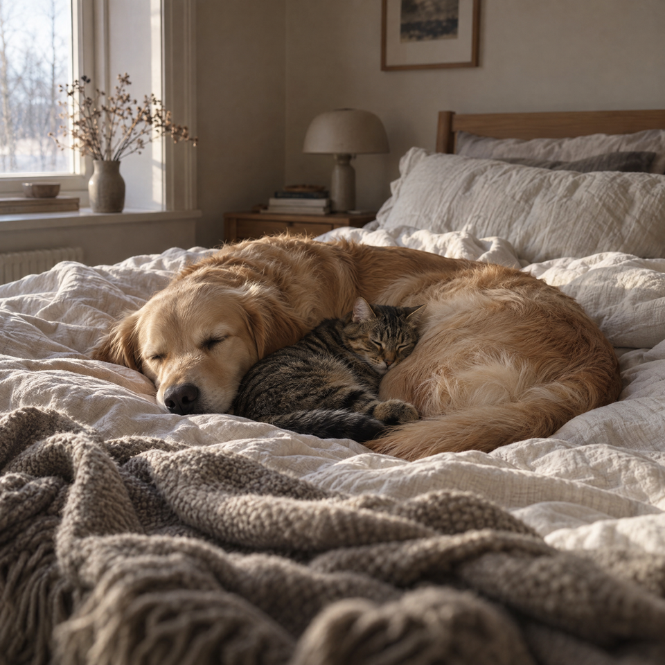 Hund och katt som ligger tillsammans på en säng i ett sovrum