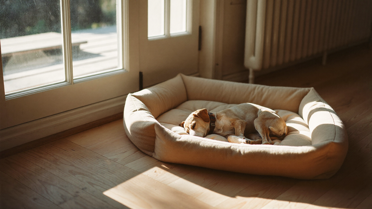 Hund hoprullad och sovande i en hundbädd vid en fönsterdörr i morgonljus