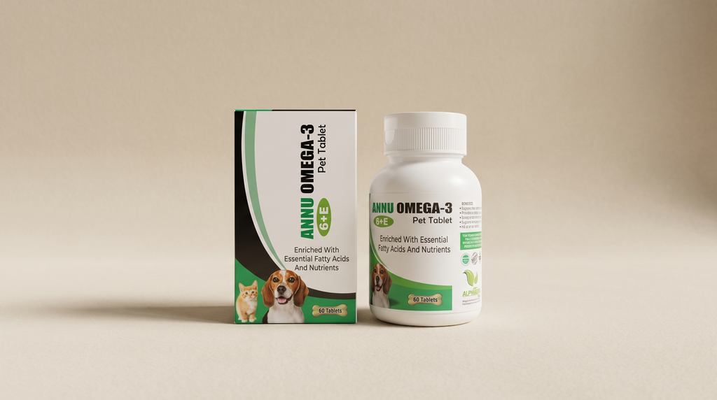 Herbiovet OmegaGlans – produktbild kartong och burk