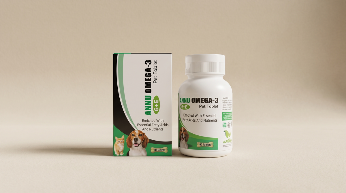 Herbiovet OmegaGlans – produktbild kartong och burk